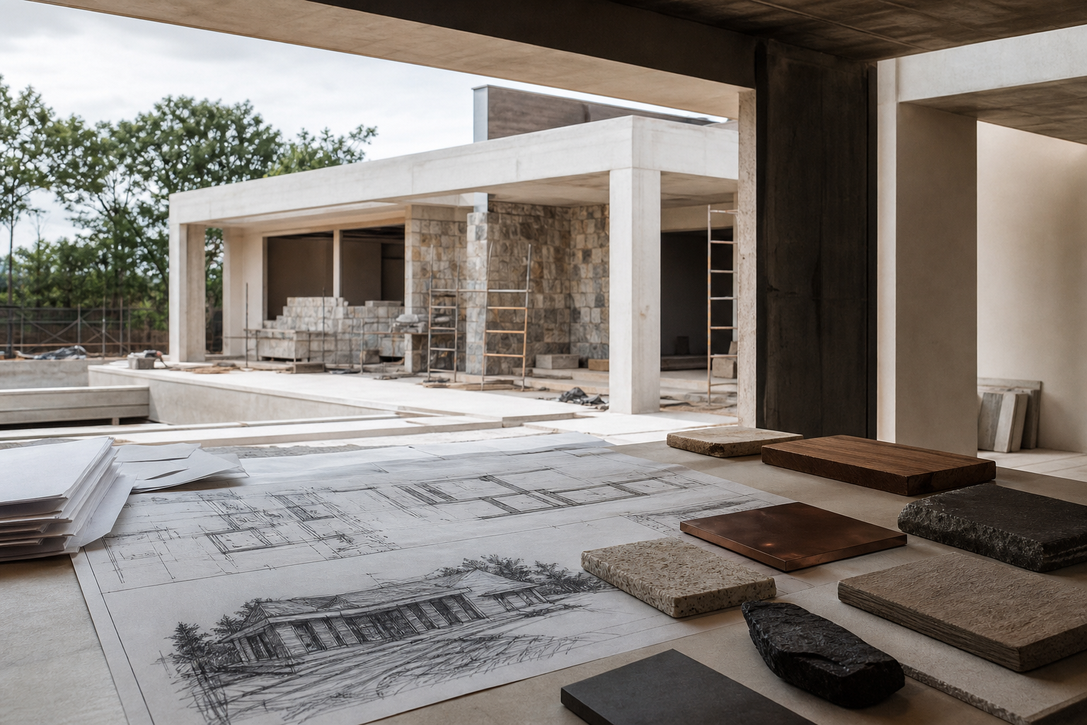 Maqueta de una casa contemporánea junto a materiales de obra