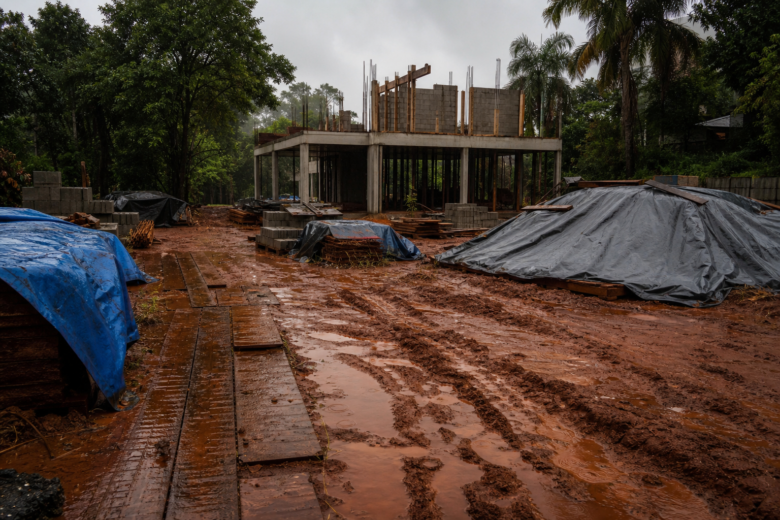 Obra no Paraguai sob céu de outubro