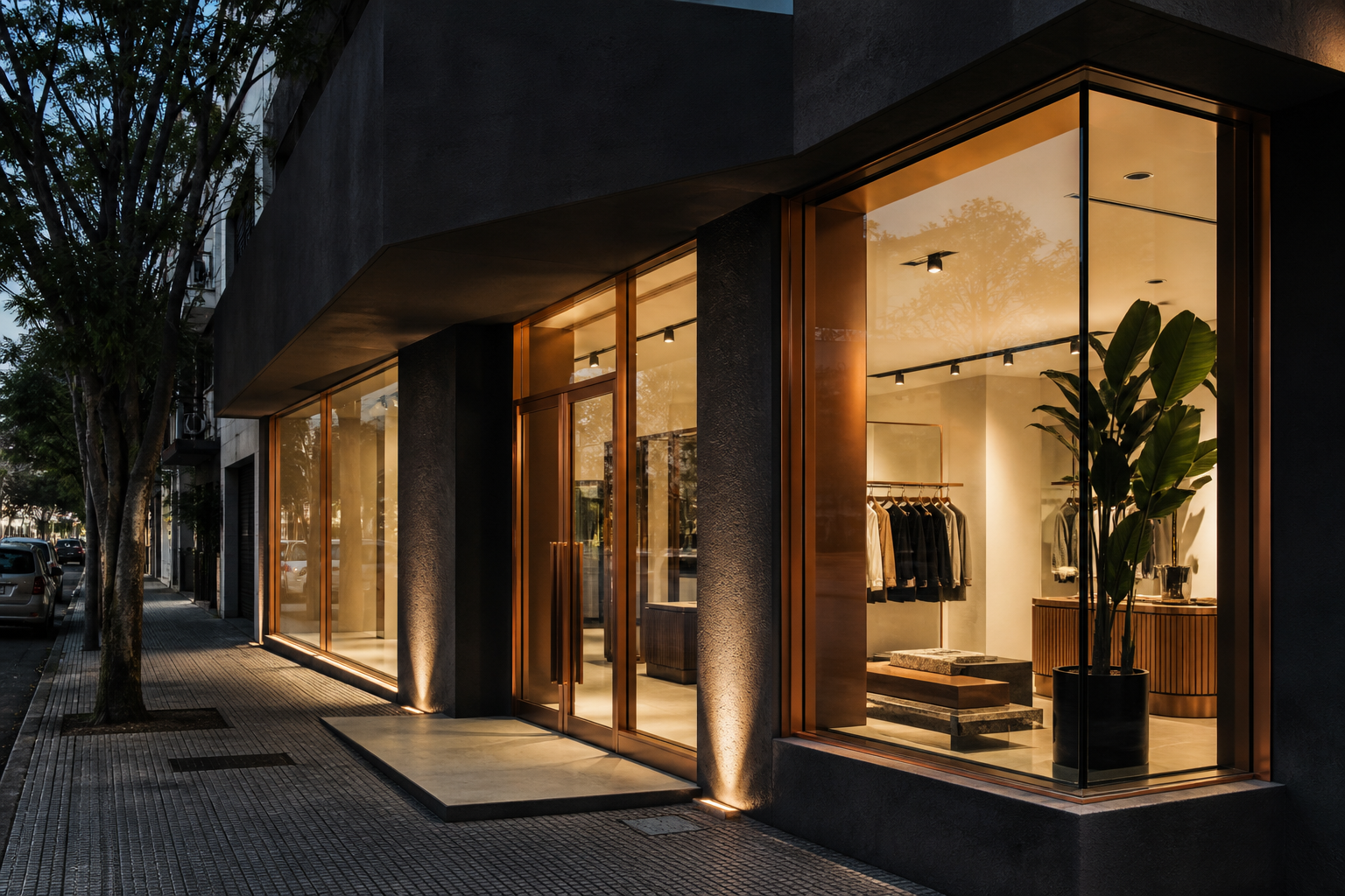 Interior comercial contemporáneo con iluminación lineal